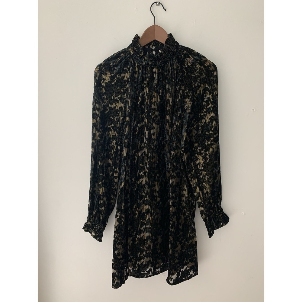 Sezane Jacquard Burnout Velvet Mini Dress Sz 38 Gold Thread High Mock Neck Party